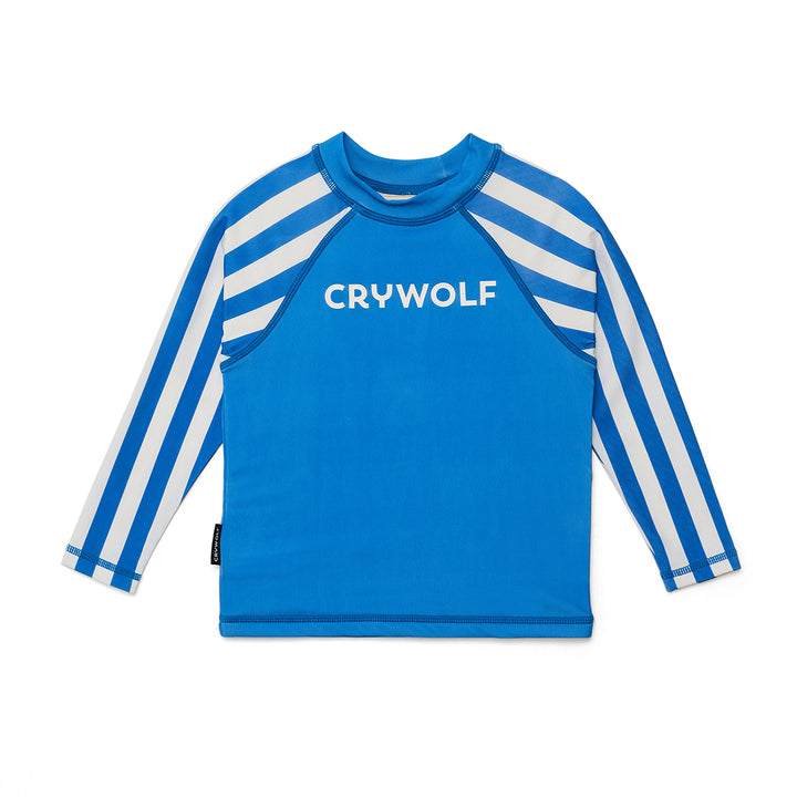 crywolf Blue long-sleeve rash vest  with white stripes and 'CRYWOLF' text on a white background