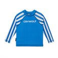 crywolf Blue long-sleeve rash vest  with white stripes and 'CRYWOLF' text on a white background