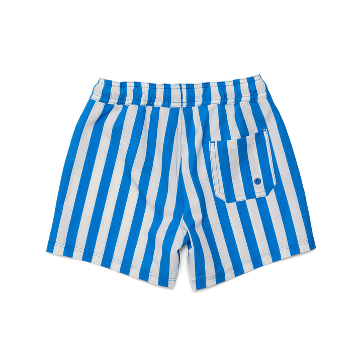 crywolf Blue and white striped board shorts on a white background