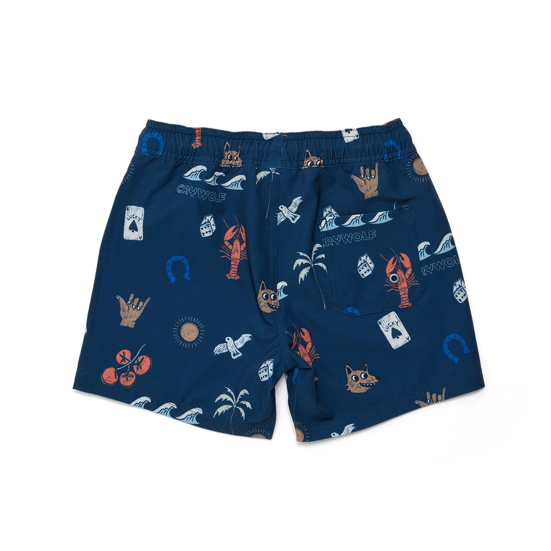 Crywolf Navy blue board shorts with colorful animal prints on a white background