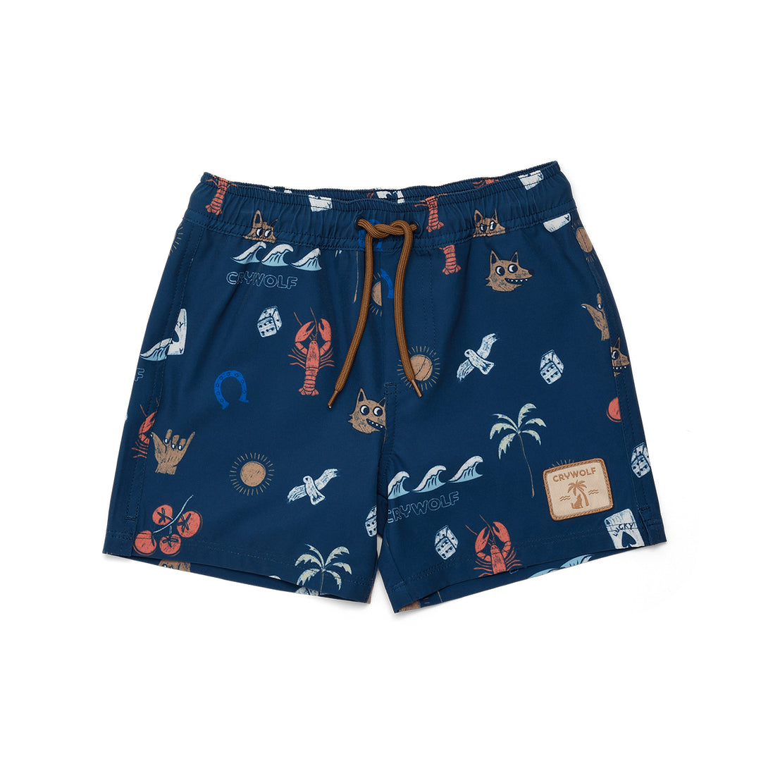Crywolf Navy blue board shorts with colorful patterns on a white background