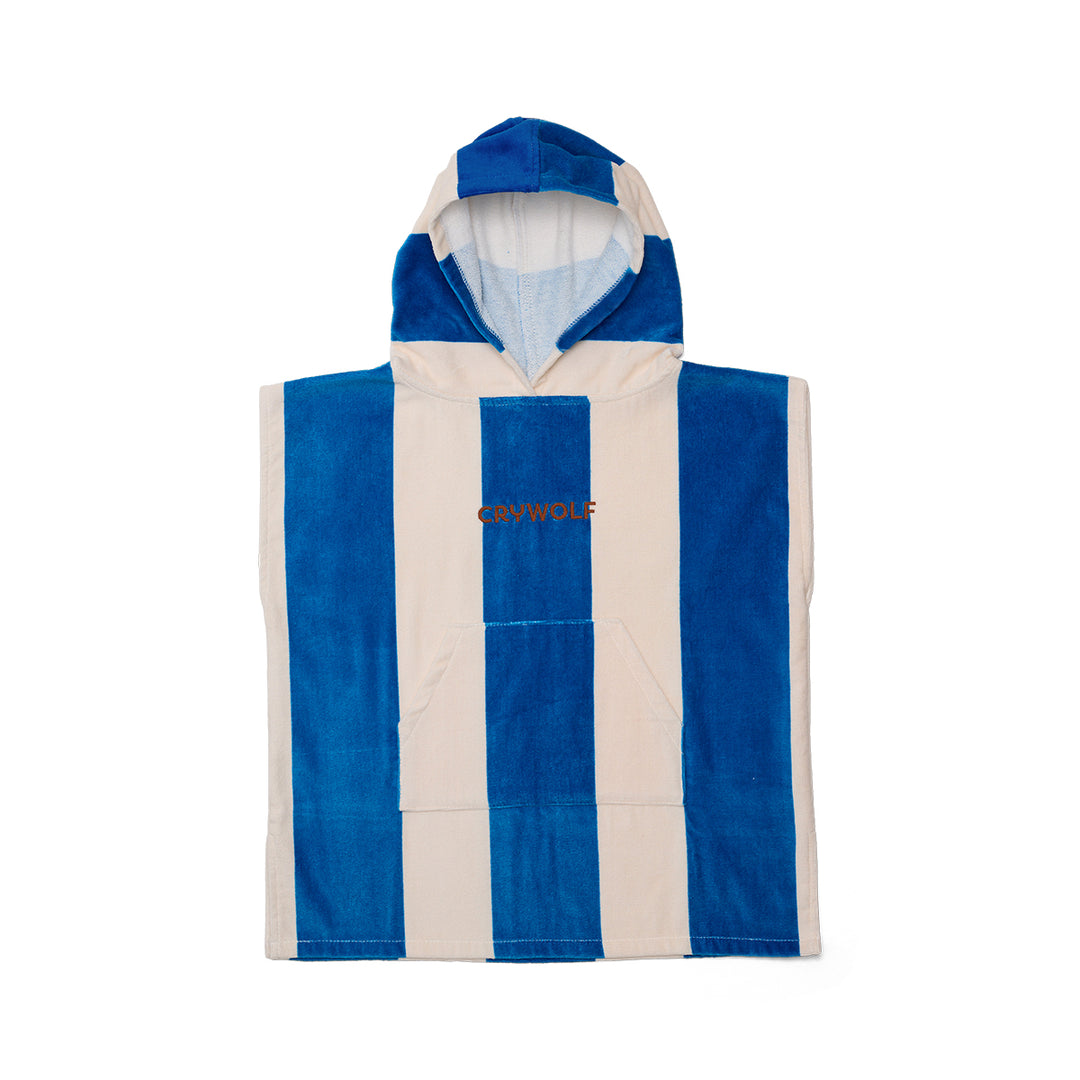 Blue and white crywolf hooded towel with 'Crywolf' branding on a white background