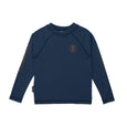 Navy blue long-sleeve rash vest with branding on a white background