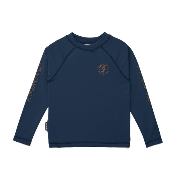 Navy blue long-sleeve rash vest with branding on a white background