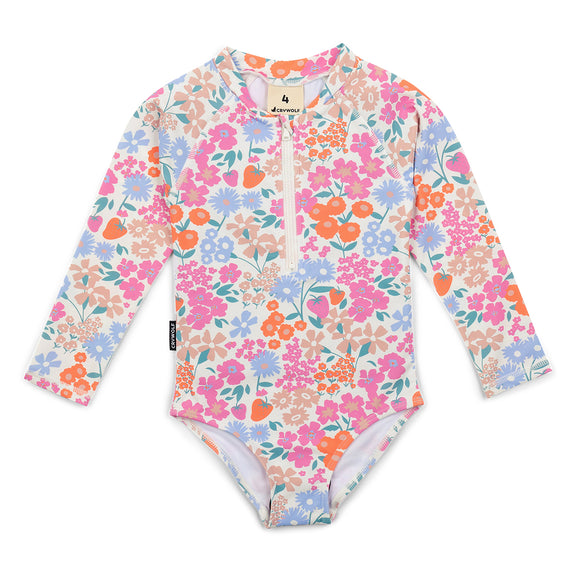 Crywolf Floral-patterned kids swimsuit with long sleeves on a white background