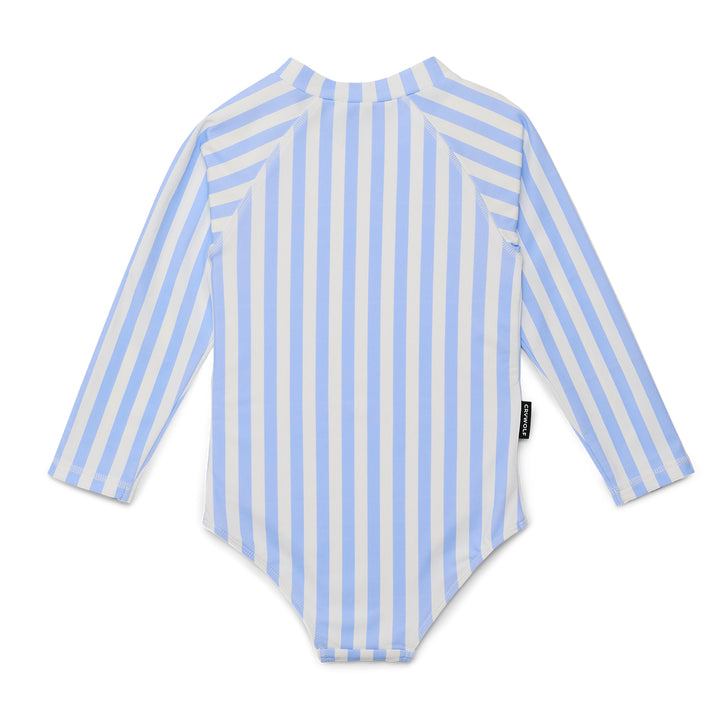 Crywolf Blue and white striped long-sleeve swimsuit on a white background
