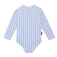 Crywolf Blue and white striped long-sleeve swimsuit on a white background