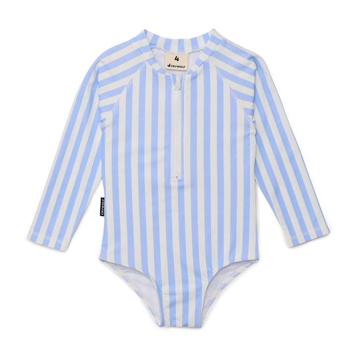 Crywolf Blue and white striped swimsuit with long sleeves on a white background