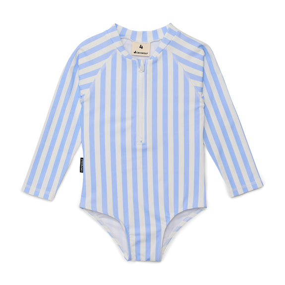 Crywolf Blue and white striped swimsuit with long sleeves on a white background