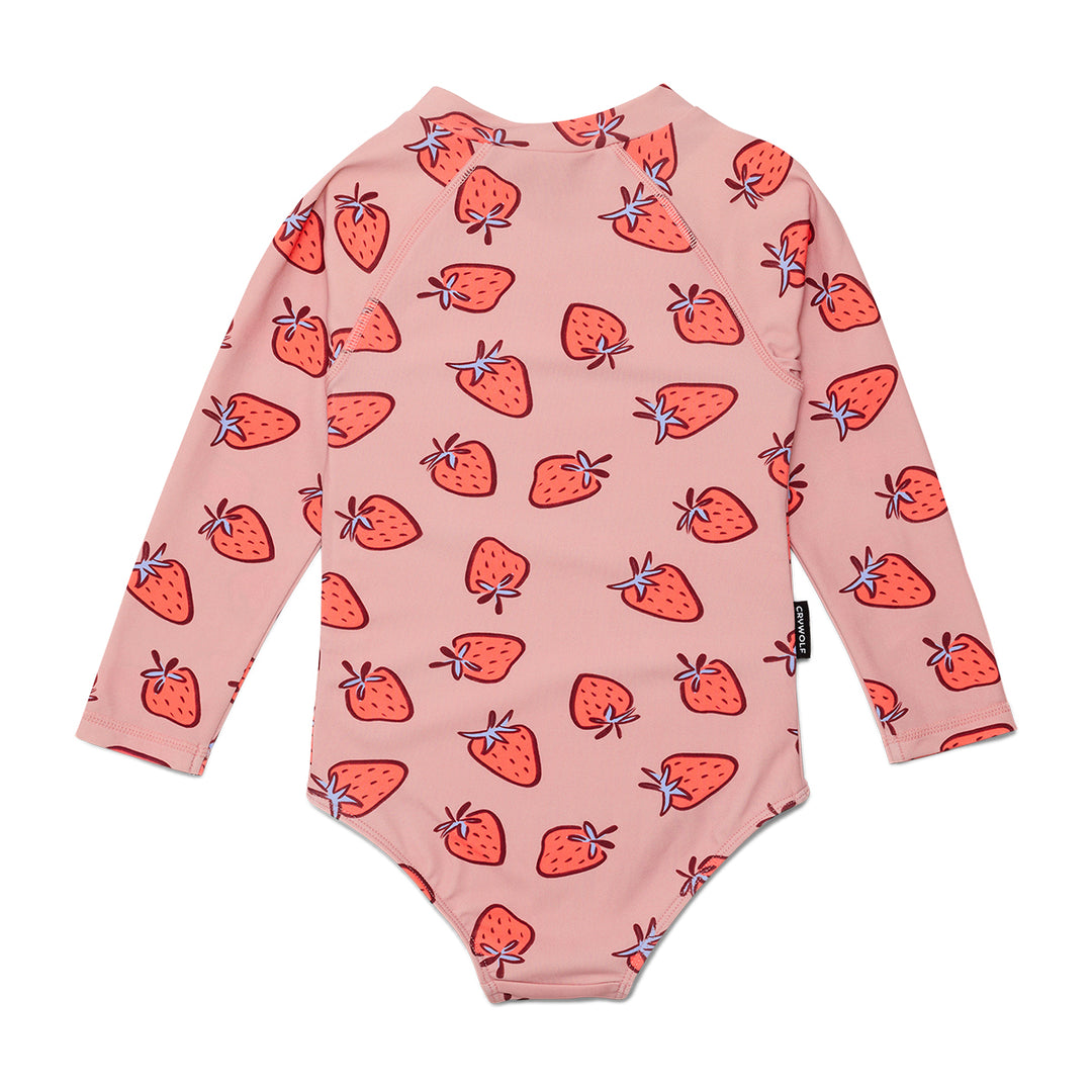 Crywolf Pink swimsuit with strawberry pattern on a white background