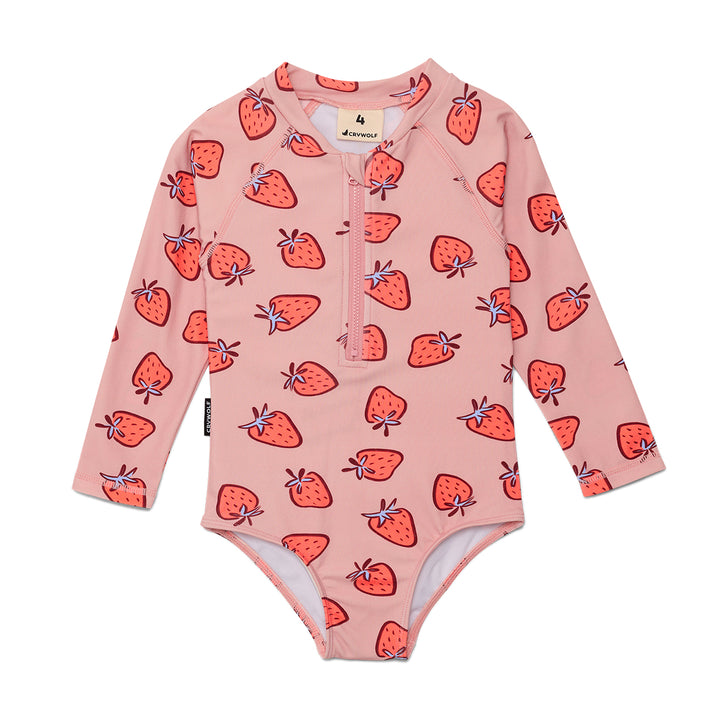 Crywolf Pink children's swimsuit with strawberry pattern on a white background