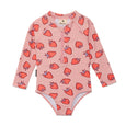 Crywolf Pink children's swimsuit with strawberry pattern on a white background