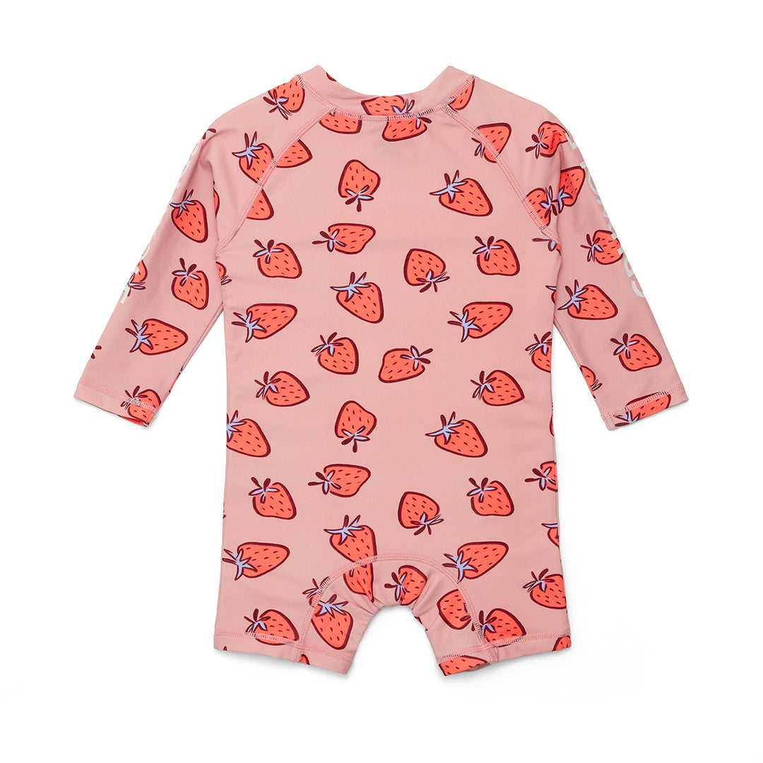 Crywolf Pink baby rash suit with strawberry pattern on a white background