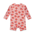 Crywolf Pink baby rash suit with strawberry pattern on a white background