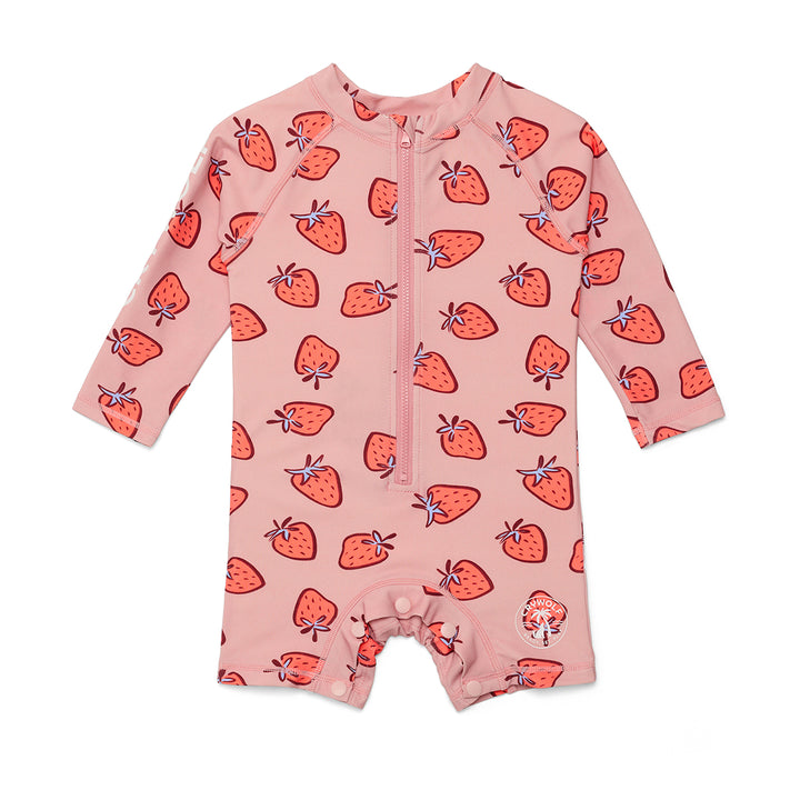 Crywolf Pink baby onesie with strawberry pattern on a white background