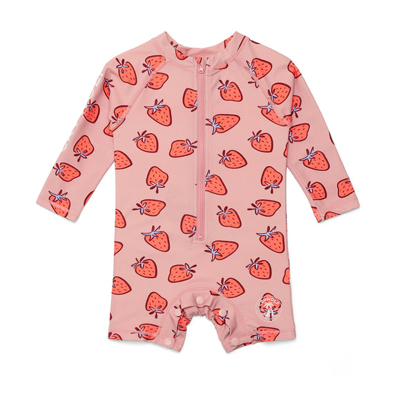 Crywolf Pink baby onesie with strawberry pattern on a white background
