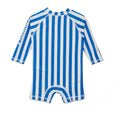 Crywolf Blue and white striped baby rash suit on a white background