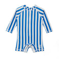 Blue and white striped crywolf baby rash suit on a white background