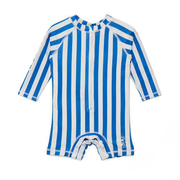 Blue and white striped crywolf baby rash suit on a white background