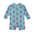 Blue crywolf baby rash suit with red lobster pattern on a white background