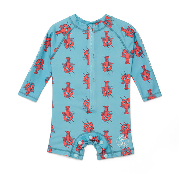 Crywolf Blue baby rash suit with red lobster pattern on a white background