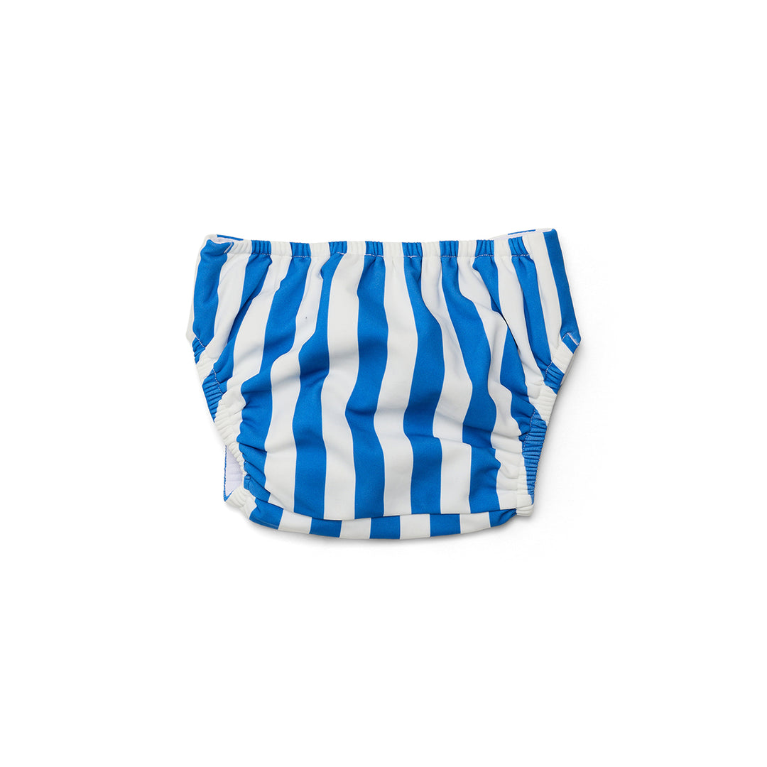 crywolf Blue and white striped swim nappy on a white background