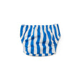 crywolf Blue and white striped swim nappy on a white background