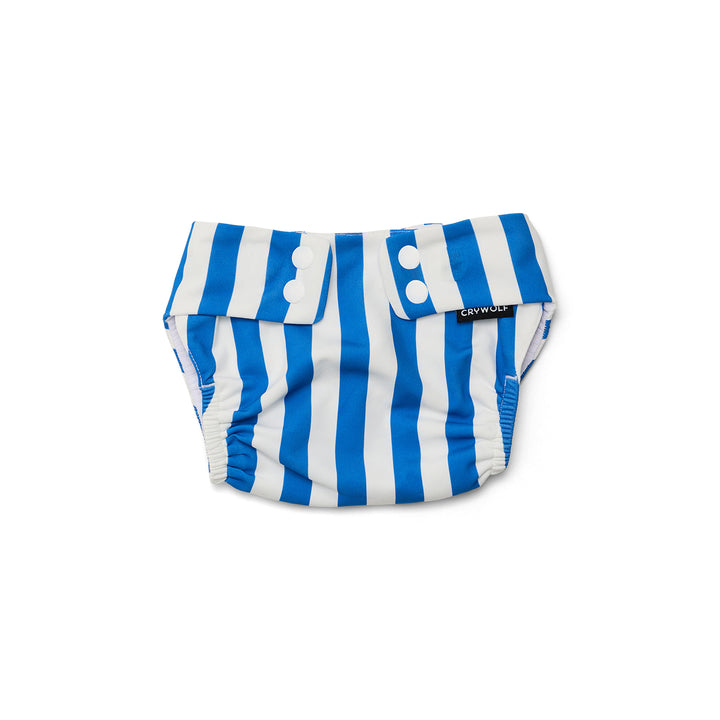 crywolf Blue and white striped swim nappy with buttons on a white background