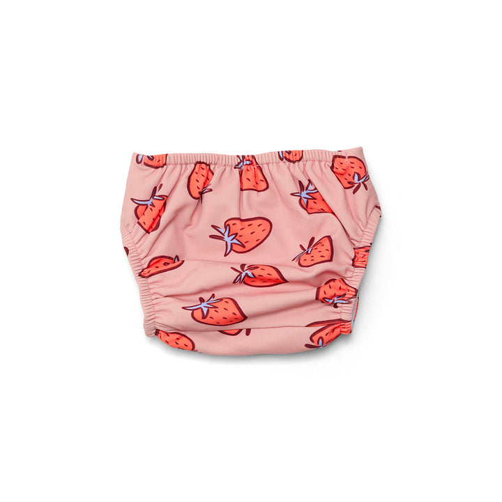 Pink baby swim nappy with strawberry pattern on a white background