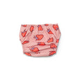 Pink baby swim nappy with strawberry pattern on a white background