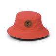 Red bucket hat with a brand logo on a white background