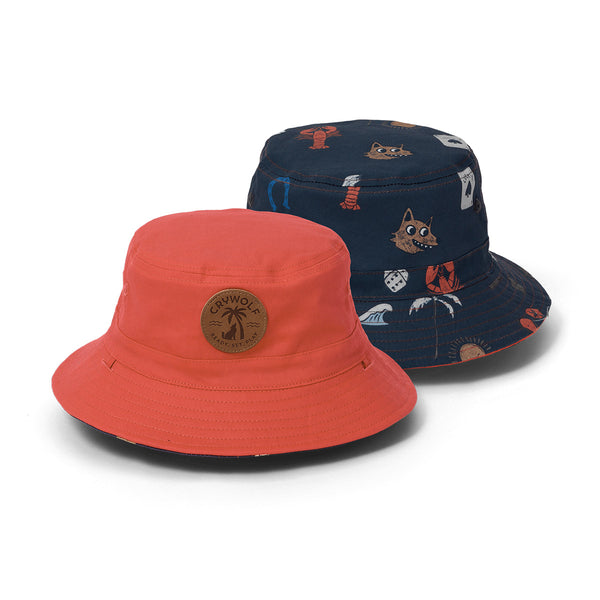 Two crywolf bucket hats, one red and one navy with a pattern, on a white background.