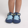 Children's crywolf blue and navy water shoes with yellow accents on a light gray background