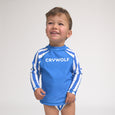 Child wearing a blue and white striped crywolf swimsuit with 'CRYWOLF' branding on a light gray background