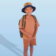 Child wearing a brown shirt, shorts, and a blue bucket hat with a backpack on a light blue background