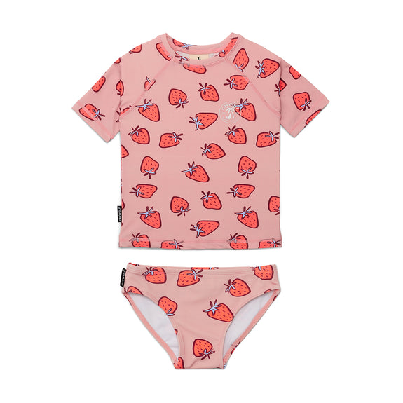 Children's crywolf pink rash set with strawberry pattern on a white background