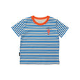 Blue and white striped Crywolf t-shirt with orange trim on a white background