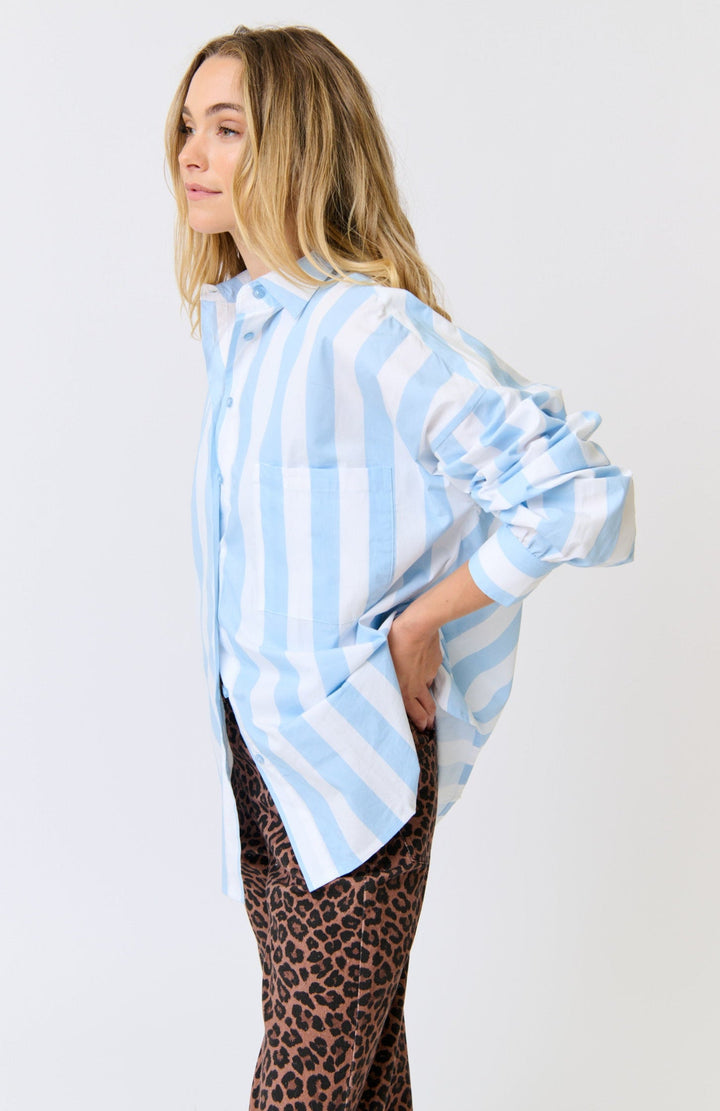 Woman wearing a light blue and white striped shirt with leopard print pants on a white background