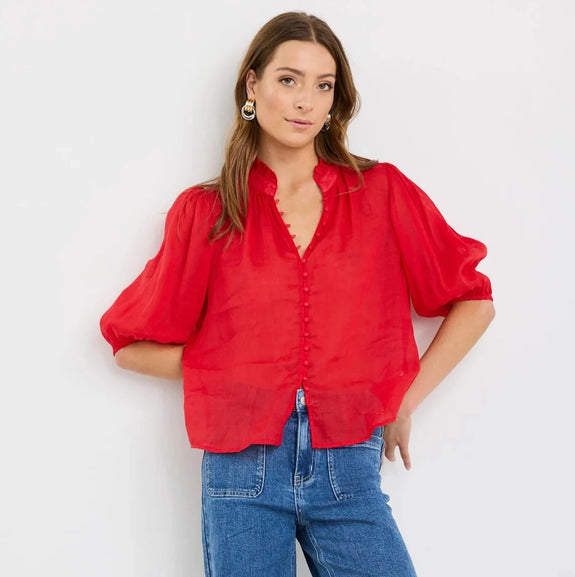 Continuance Poppy Ramie High Neck Buttoned SS Top