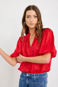 Continuance Poppy Ramie High Neck Buttoned SS Top