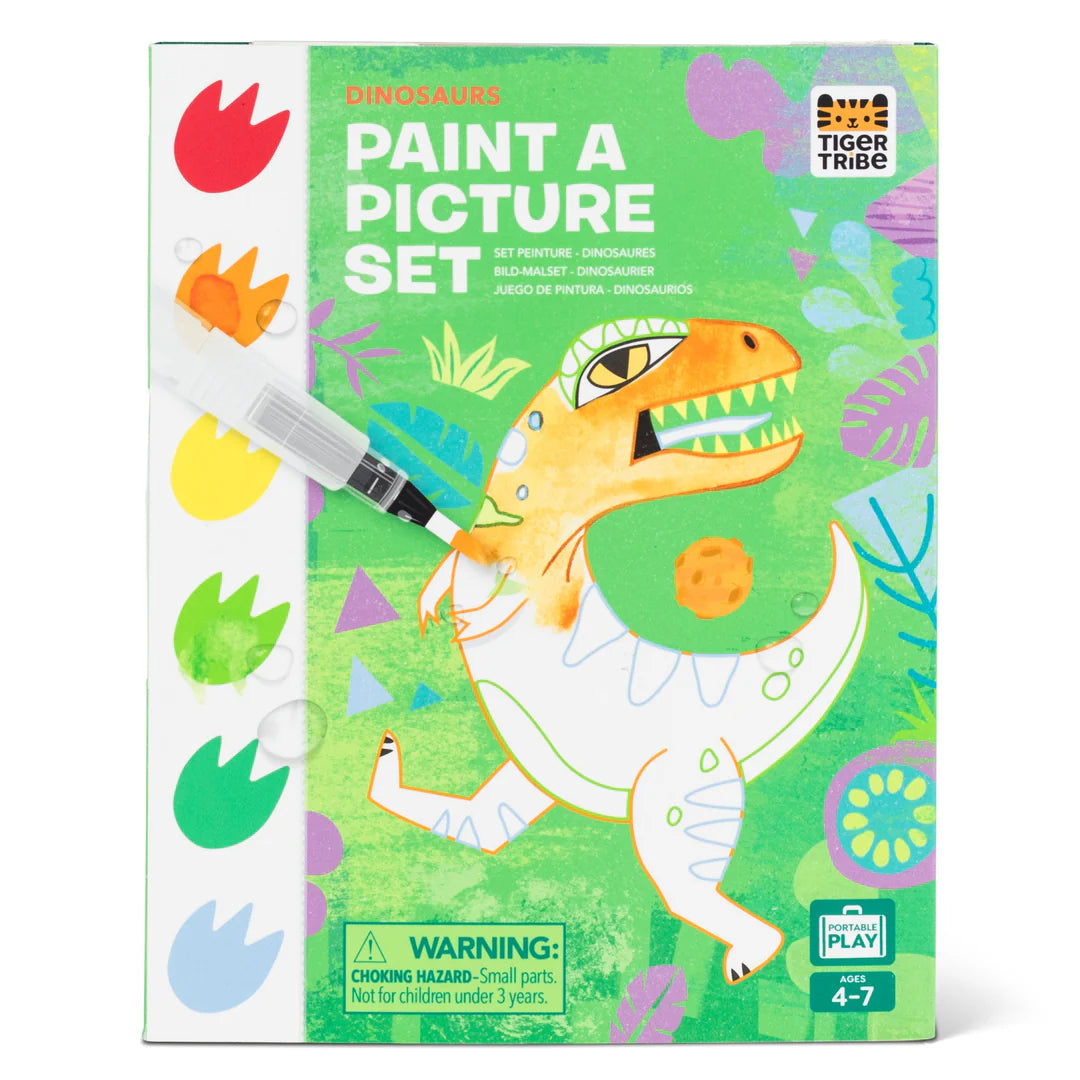 Dinosaur-themed paint a picture set packaging with a brush and colorful design on a green background.