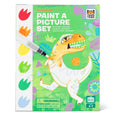 Dinosaur-themed paint a picture set packaging with a brush and colorful design on a green background.