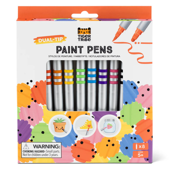Packaging of Tiger Tribe dual-tip paint pens with colorful design and warning label.