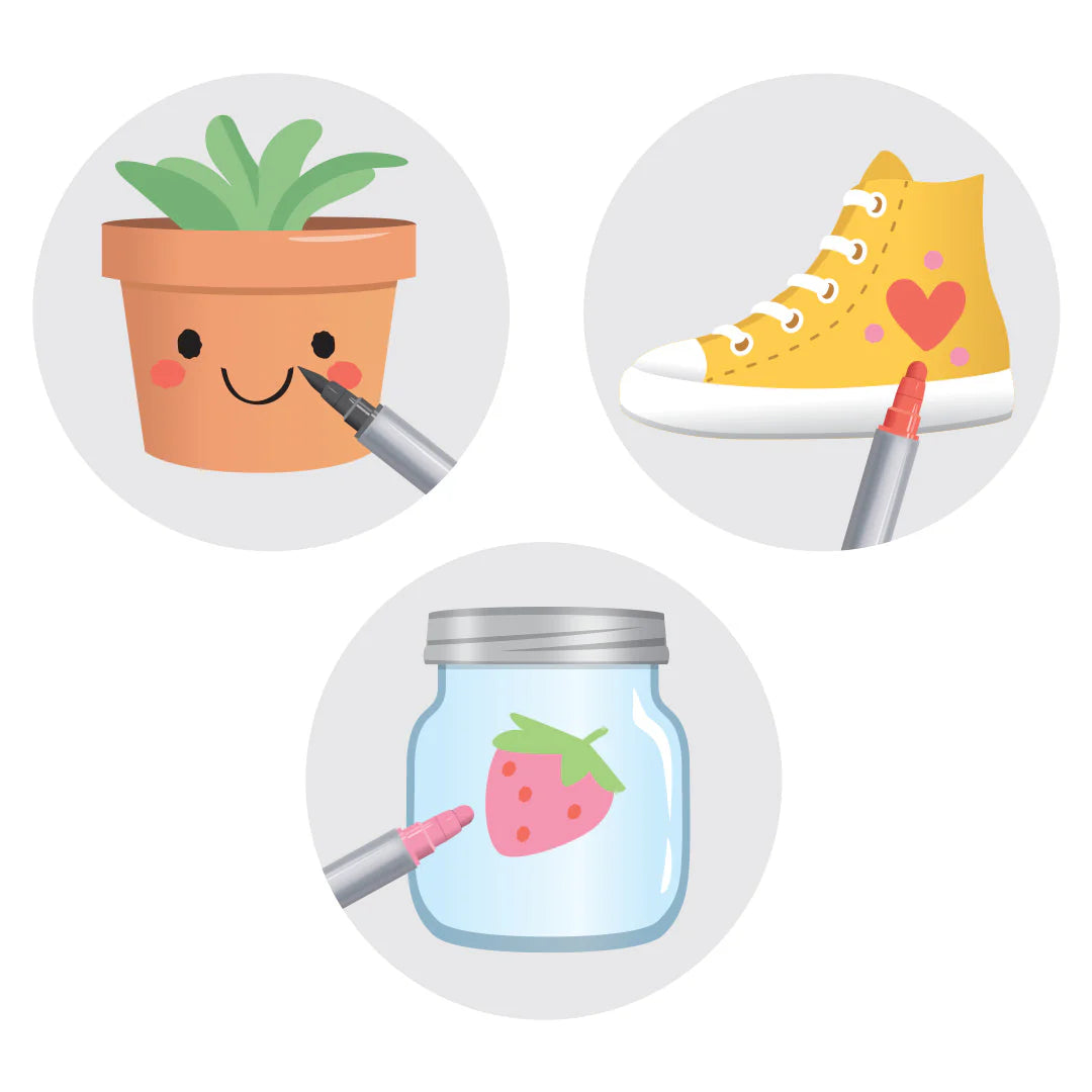 Three cartoon-style illustrations of a potted plant, a shoe with a heart, and a jar with a strawberry on a white background.