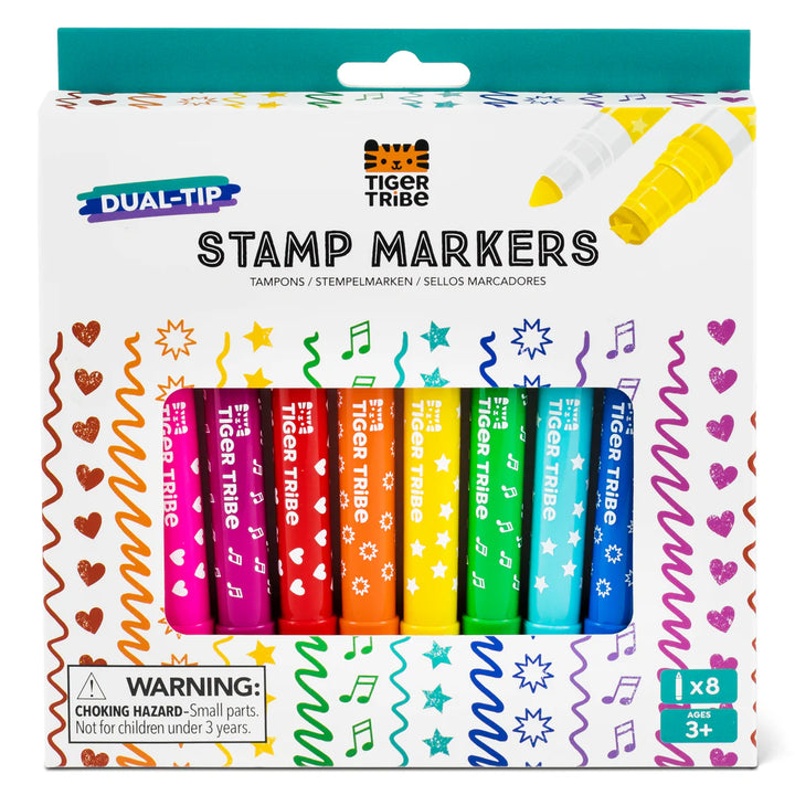 Packaging of Tiger Tribe Dual-Tip Stamp Markers with colorful markers and decorative elements.