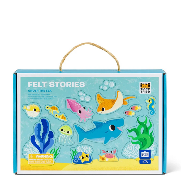Felt stories set packaging with sea-themed felt pieces on a white background