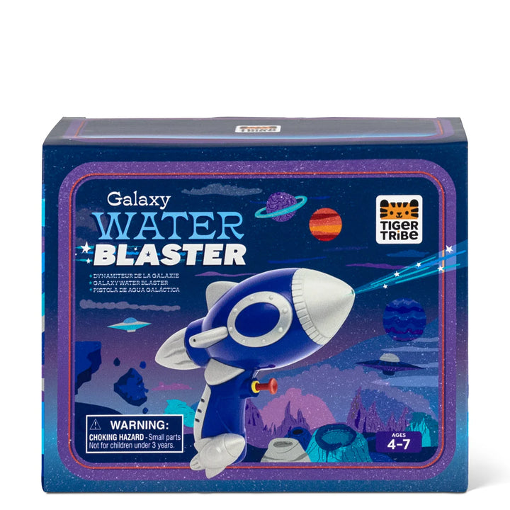 Box of Galaxy Water Blaster toy with space-themed design and Tiger Tribe branding.