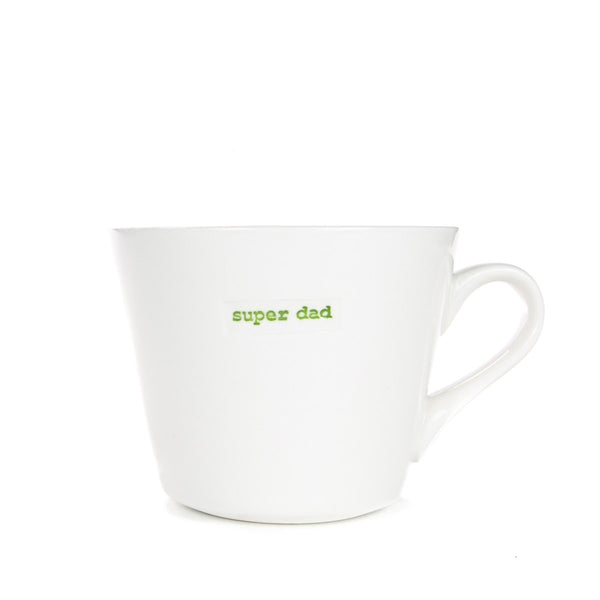 White mug with 'super dad' text on a white background
