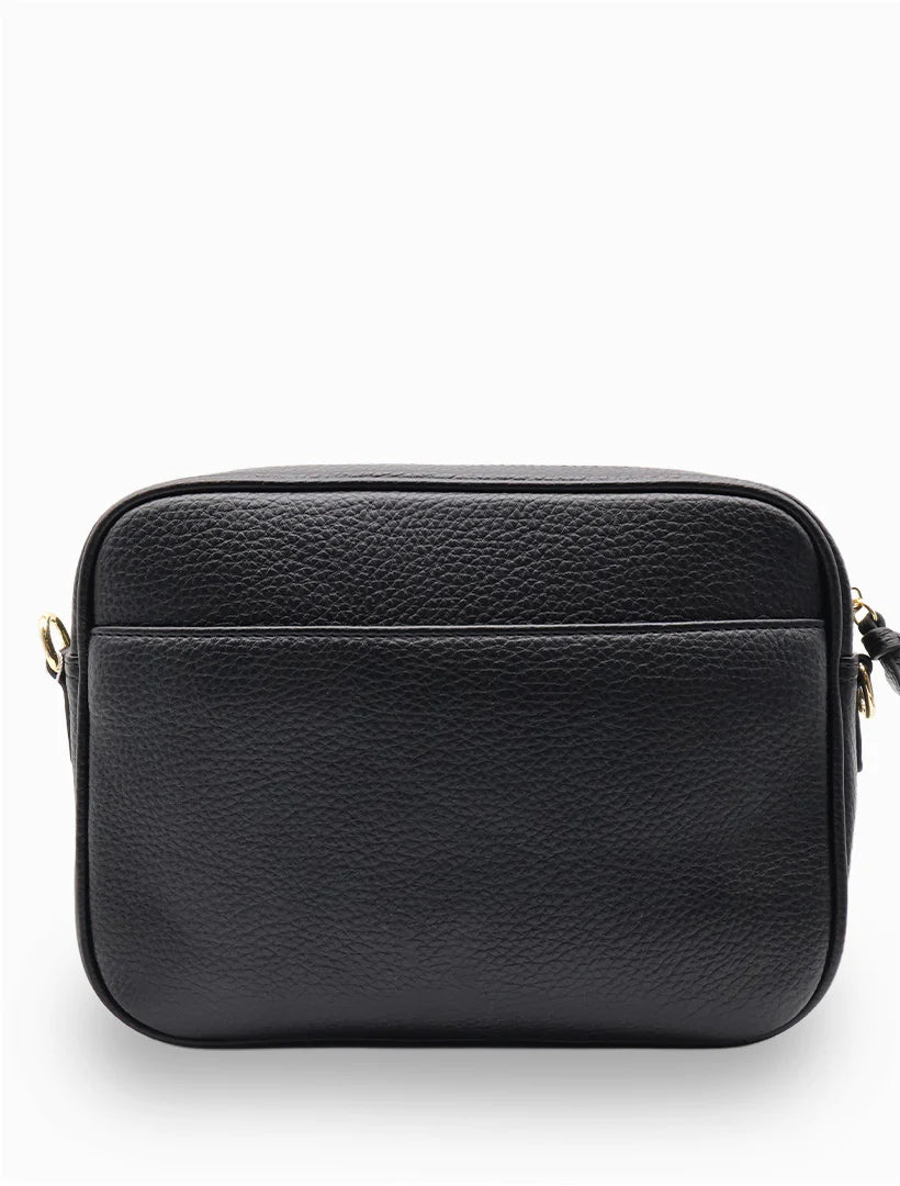 Black leather crossbody bag on a white background
