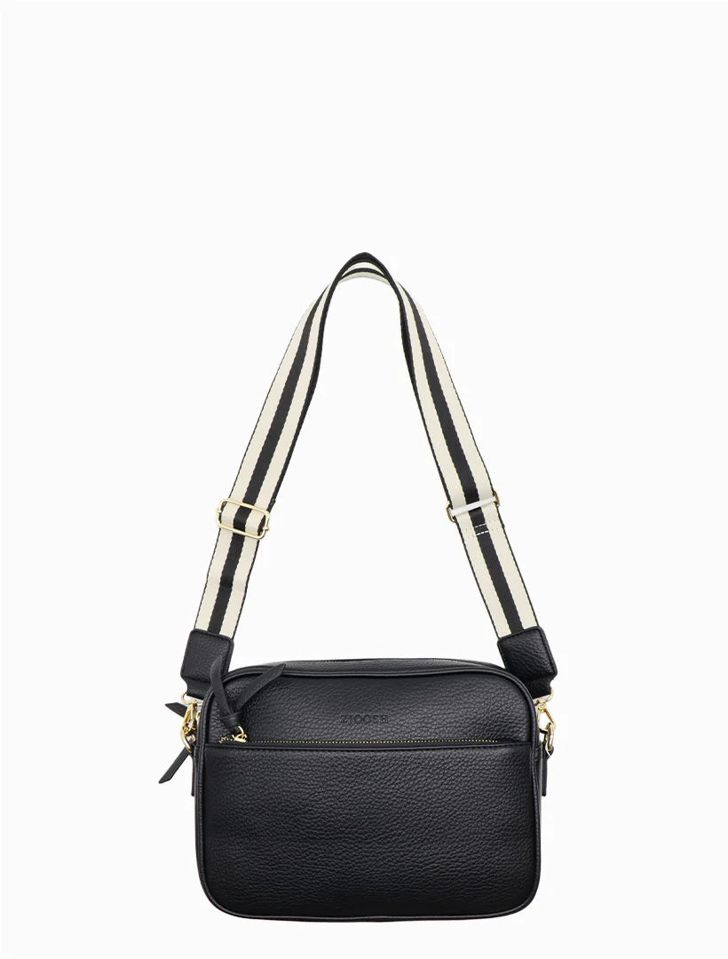 Black handbag with a shoulder strap on a white background